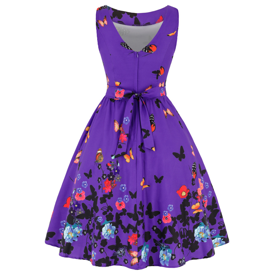 V-Neck Sleeveless High-Rise Flared Vintage Retro Patterned Dress