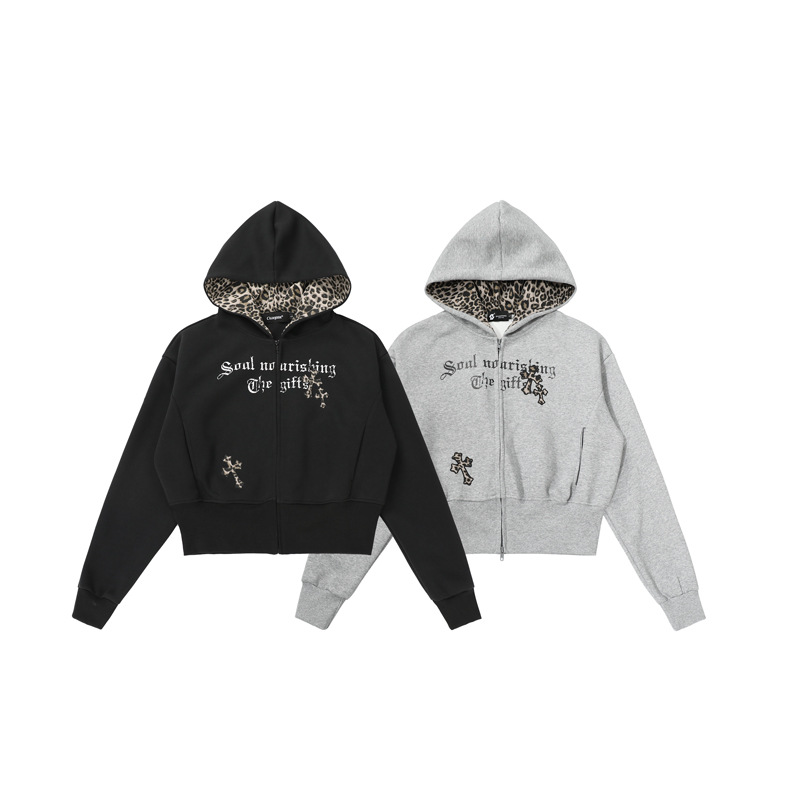 Crop Cheetah Stitch Panel Hood Jacket