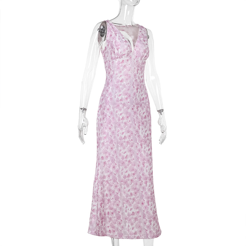 Sleeveless Floral Textured Pointed Neckline Dress