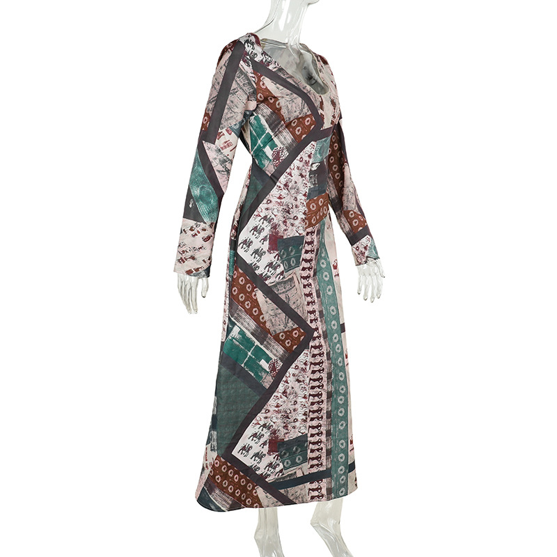 Stretch Vintage Fall Patterned Plunge Long Sleeve Dress