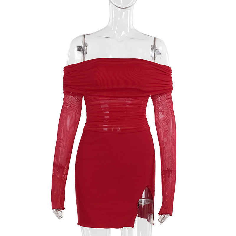 Asymmetrical Long Sleeve Sheer Ruched Side Vent Skirt