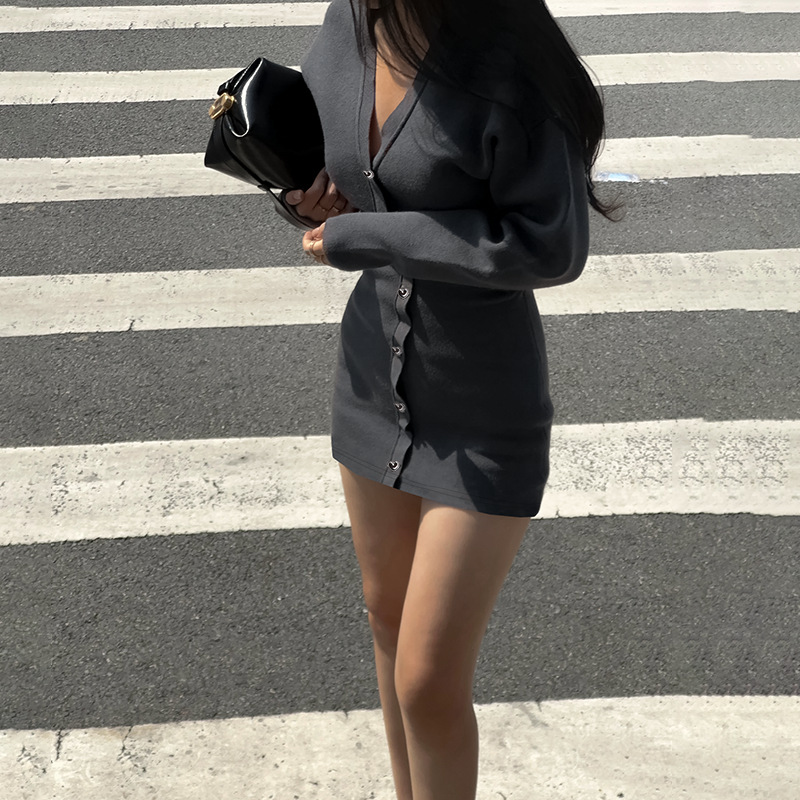 Long Sleeve Plunging Neck Mini Empire Dress