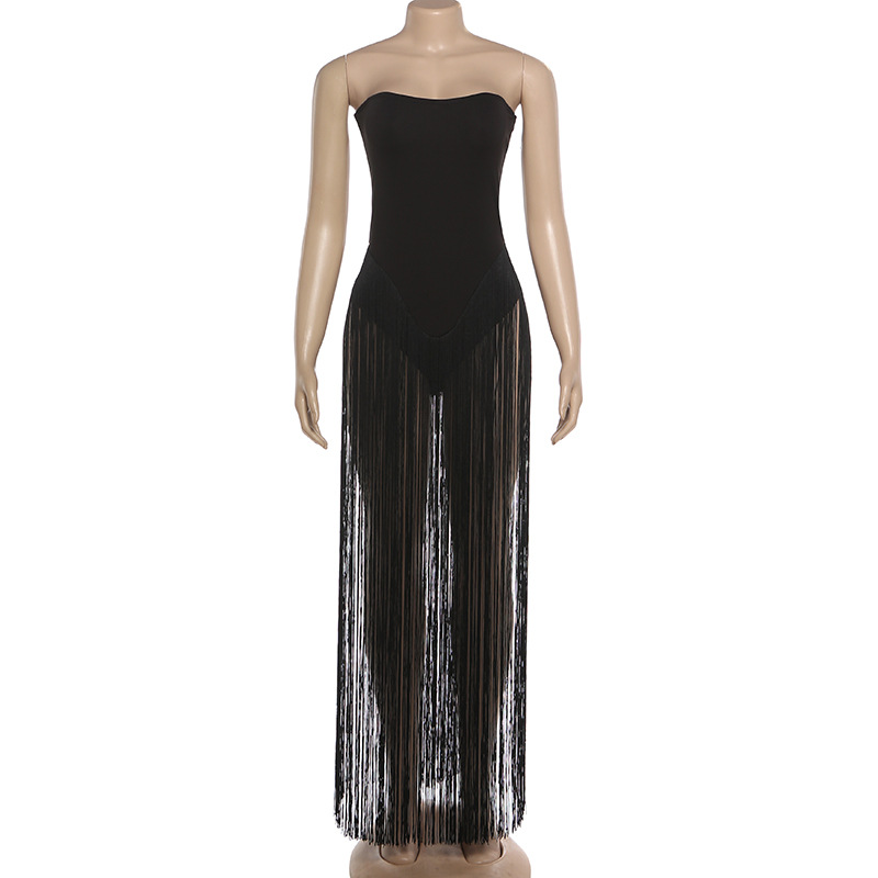 Raised-Waist Open Back Bandeau Fitted Tassel Jumpsuit