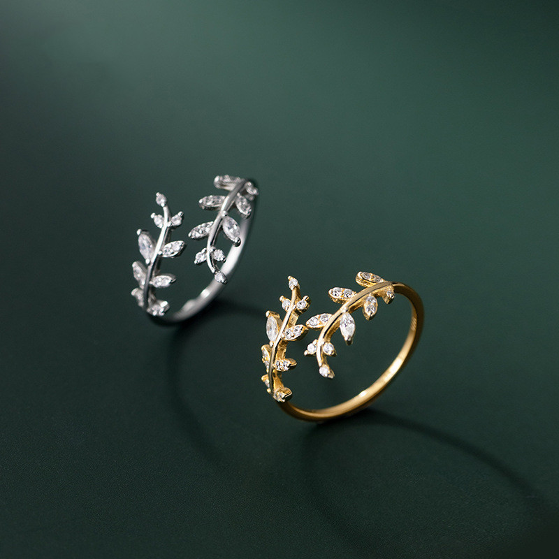 S925 sterling silver diamond branch bud ring for women with branch and leaf open ring