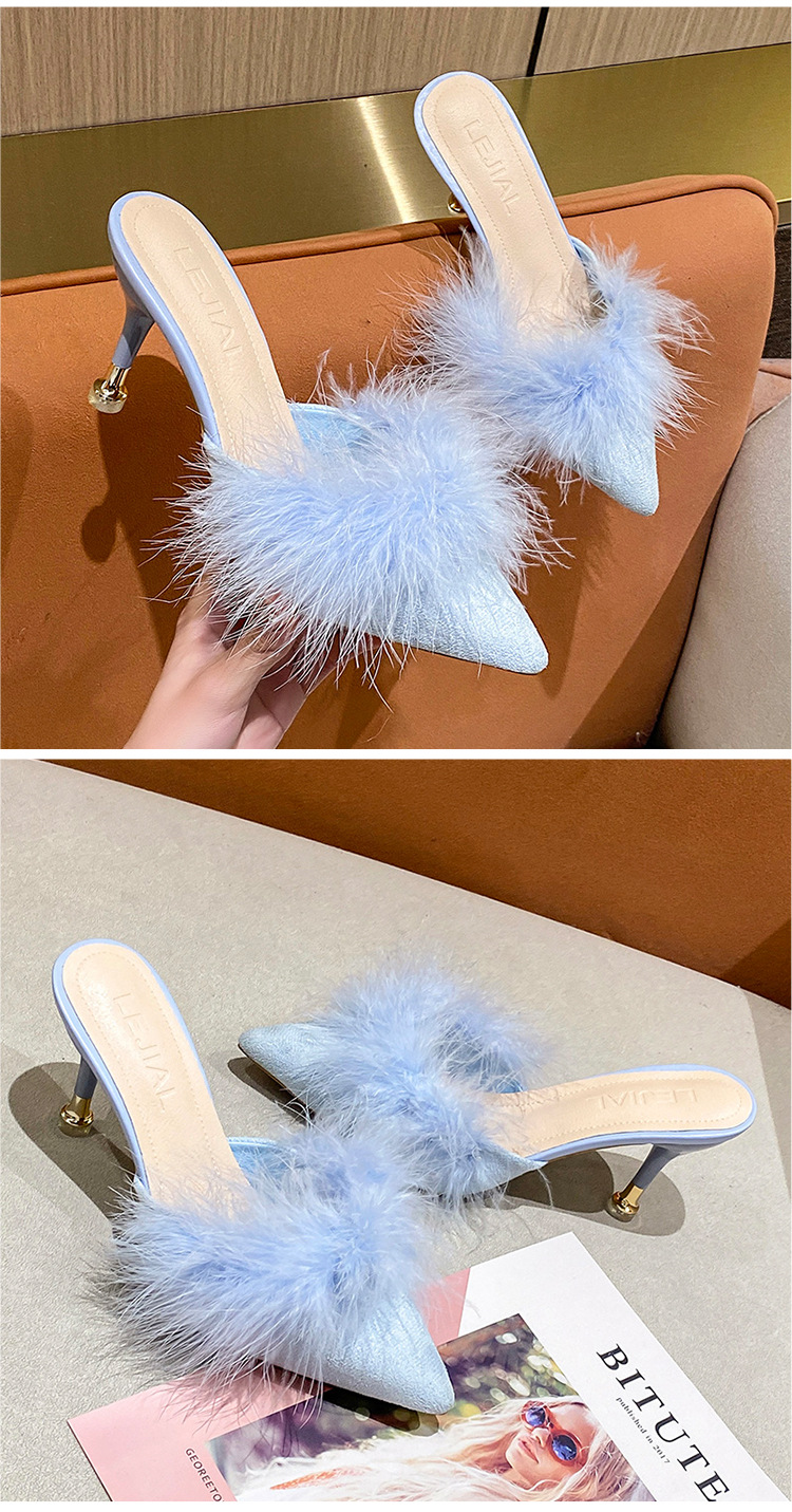 Women High Heel Shoes Fur Slippers Mules Pointed Toe Furry Slides Fashion Elegant Luxury Designer Flip Flops Office Pumps