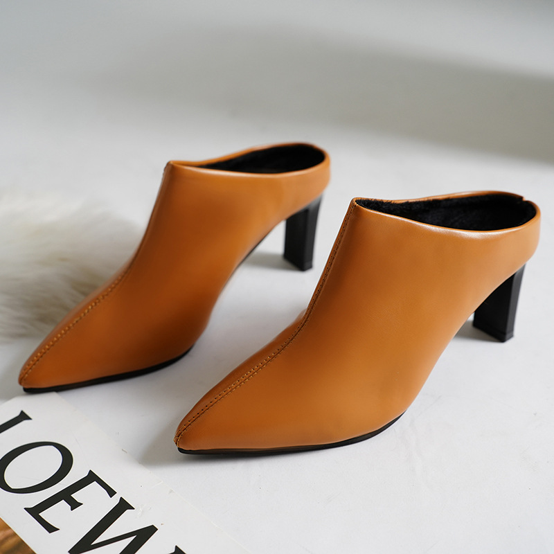 Retro stiletto pointed toe mules for women summer outer wear half slippers