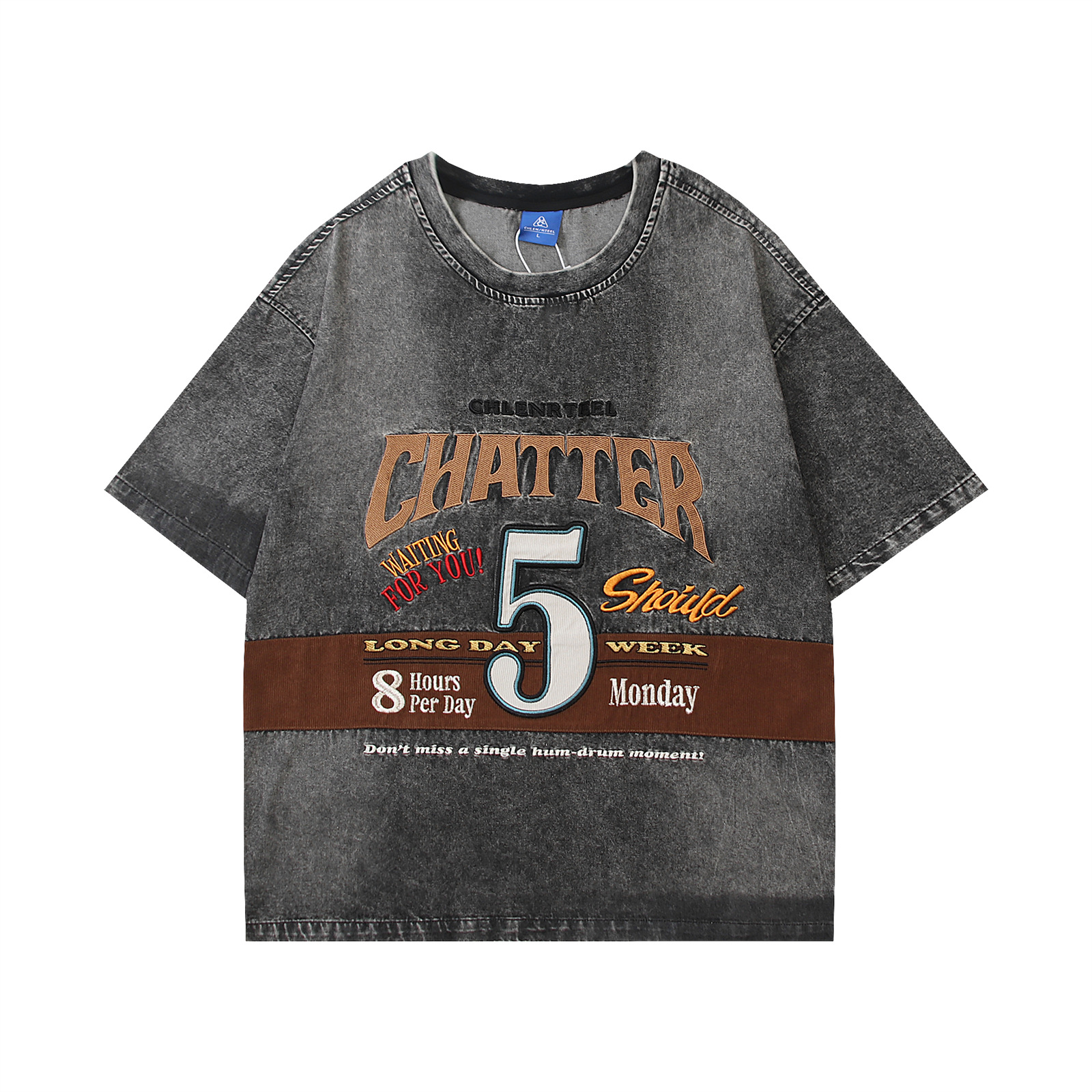 Washed Letter Embroidery Design Short Sleeve Denim T-Shirt for Men and Women, Street Loose Casual Couple Top