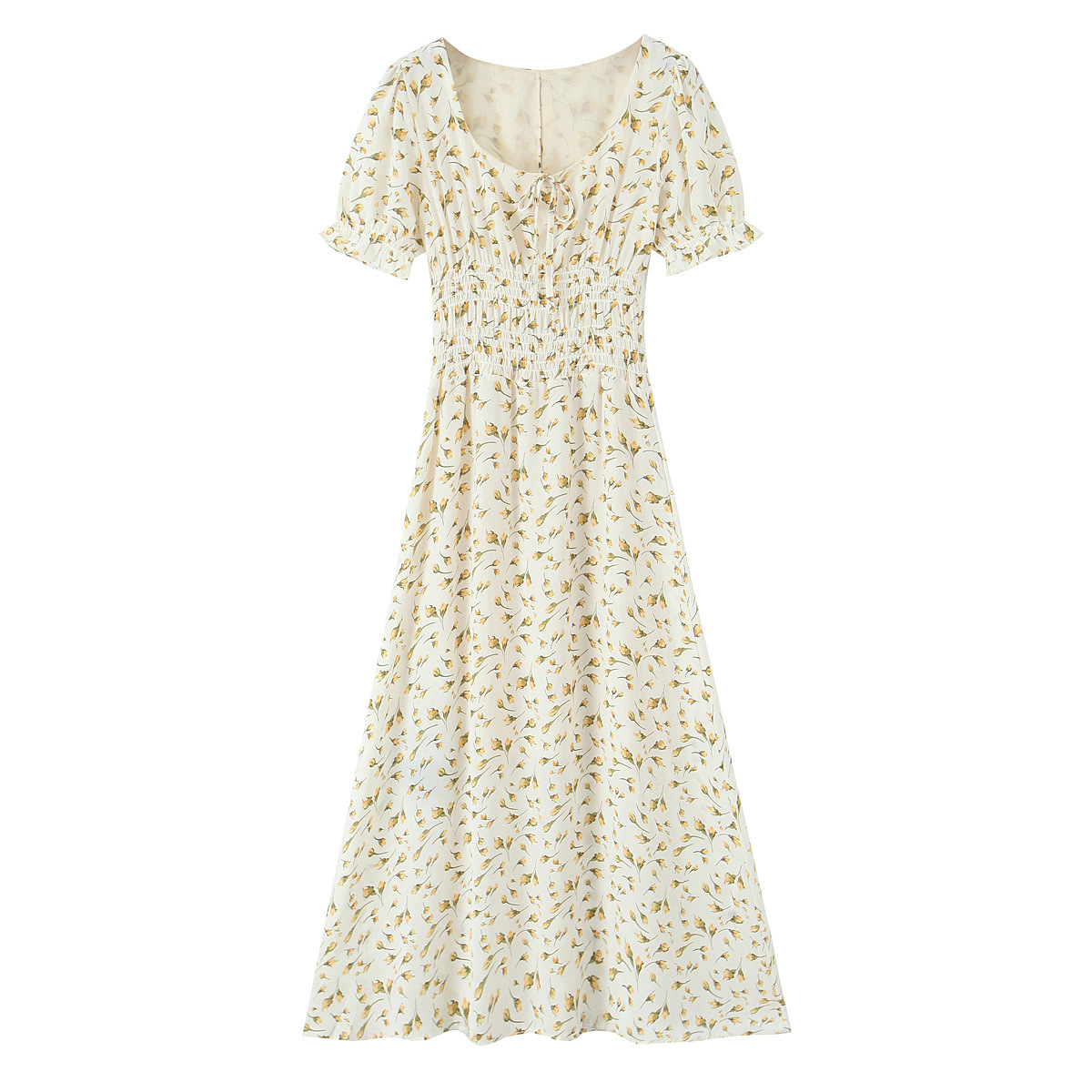 Floral Print Square Neck Tie-Waist Bubble Sleeve Dress