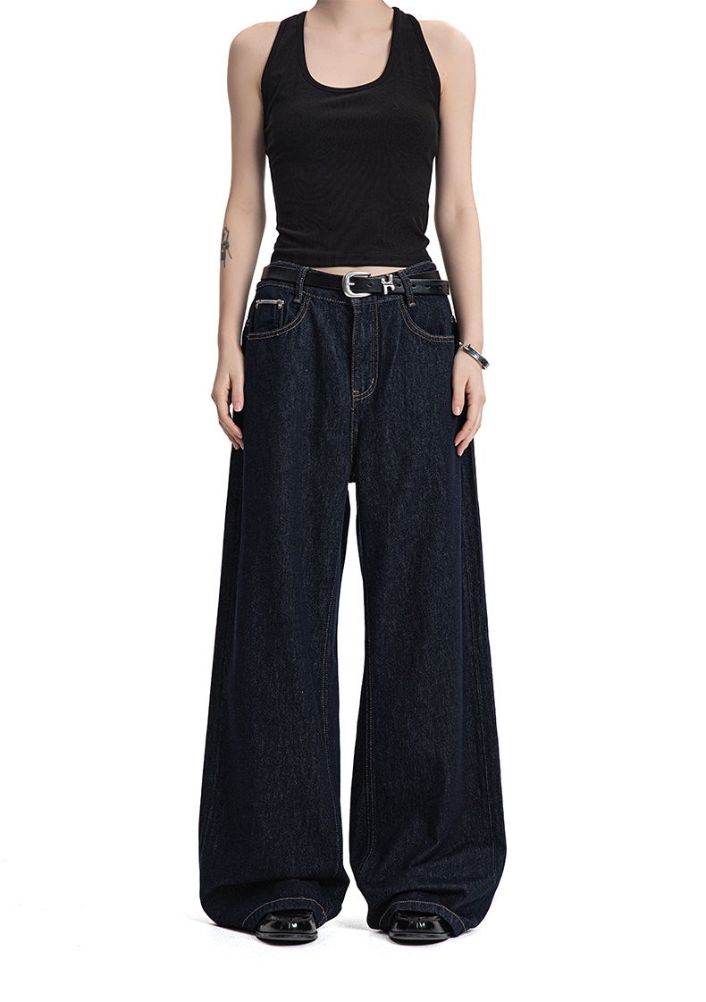 Denim Pants Vintage Wash Straight Commuter Casual Loose A-Line Trousers