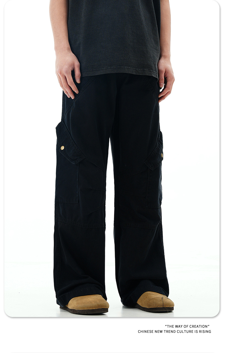 Work Pants with Adjustable Waistband and Large Pockets - Straight Leg Casual Trousers