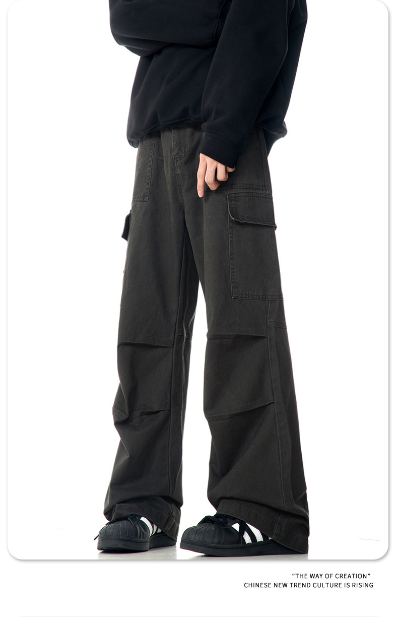 Faded Vintage Pleated Trendy Loose Fit Straight Leg Wide Leg Casual Trousers for Men and Women