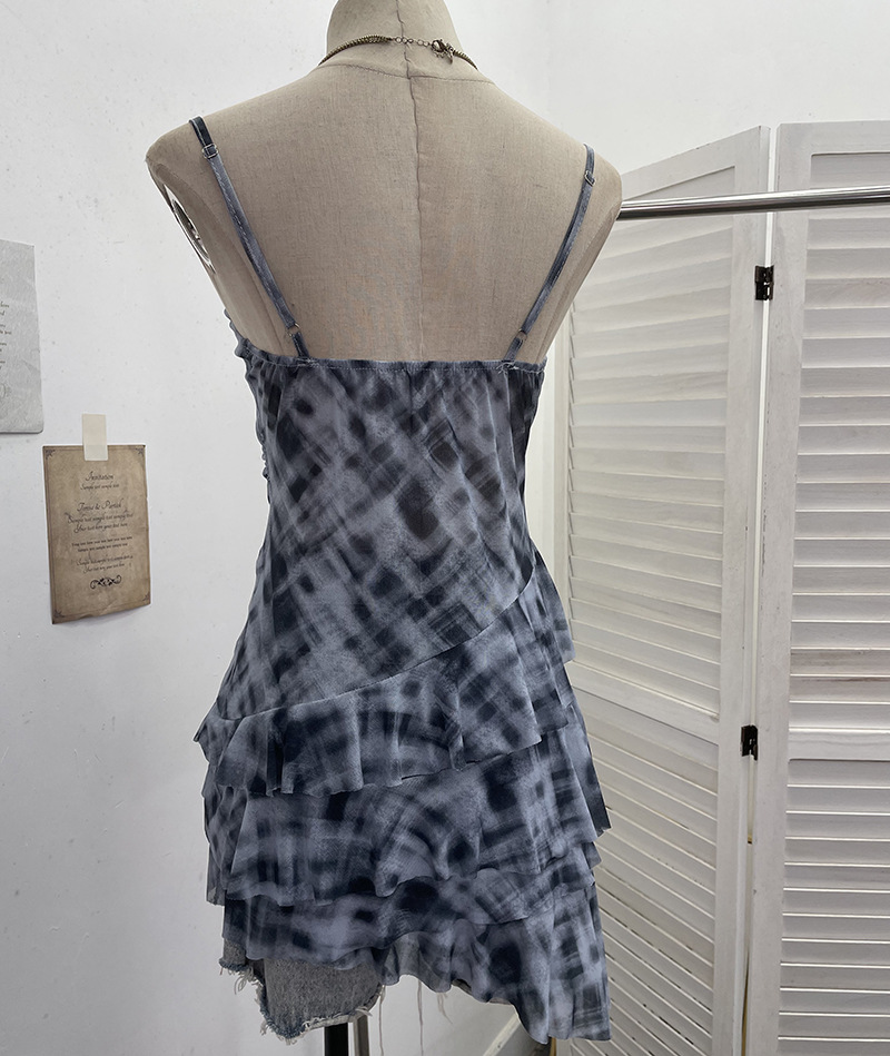 Irregular Rivet Mesh Camisole Dress with Ruffle Strap Sleeveless Top