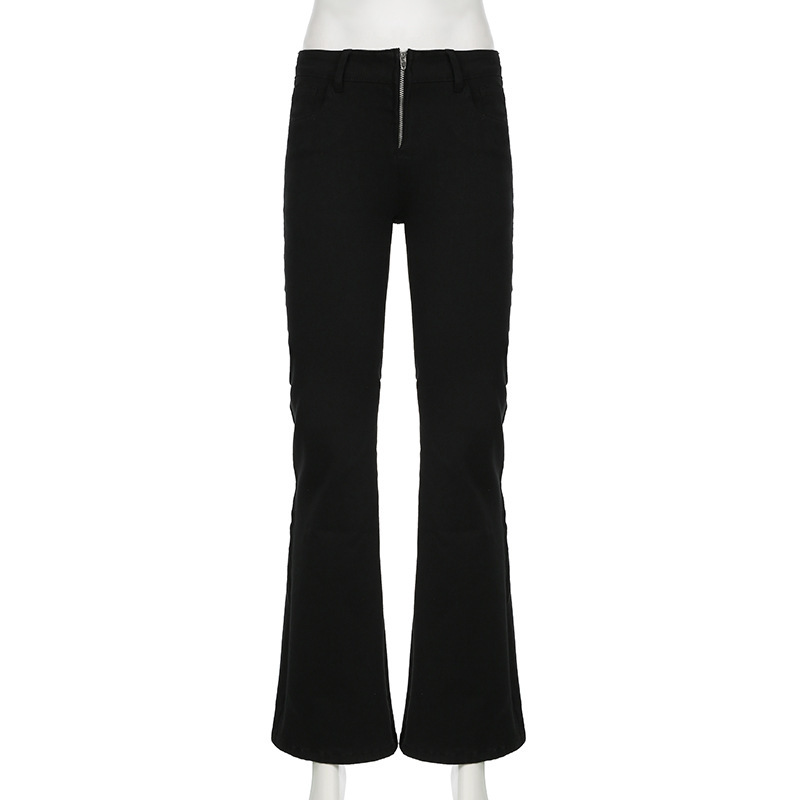 Retro trendy solid color horn low waist zipper denim pants