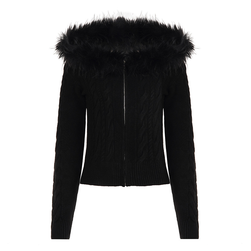 Vintage Herringbone Zip Hood Loose Cardigan