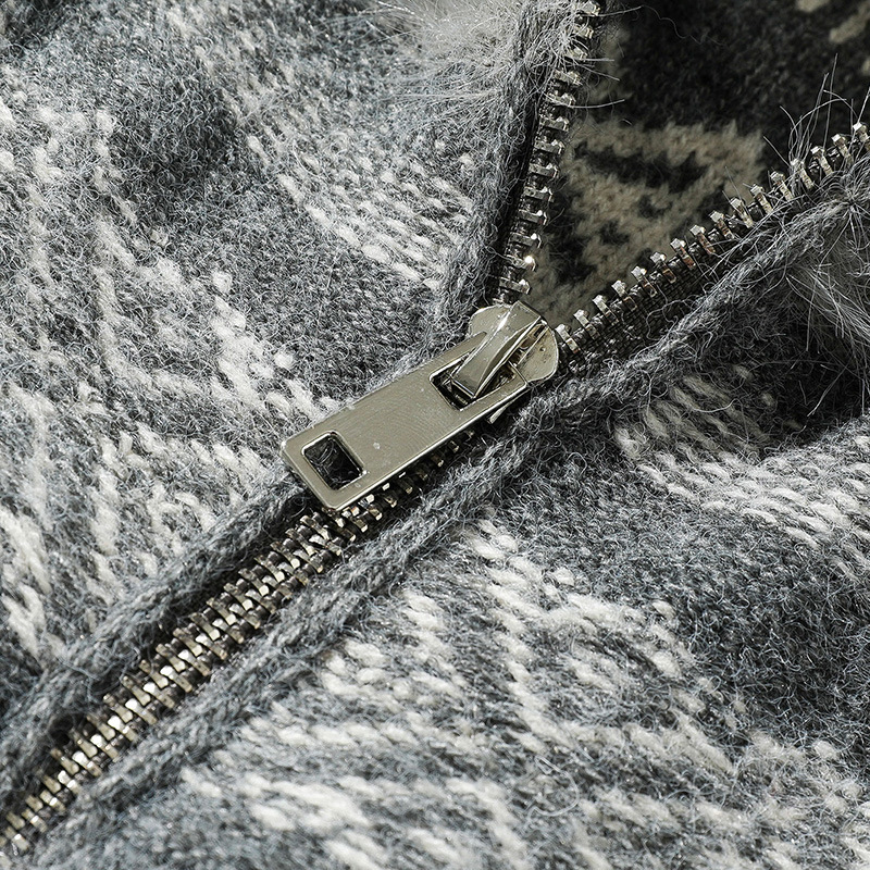 Matching Oversized Furry Trim Jacquard Knit Overcoat