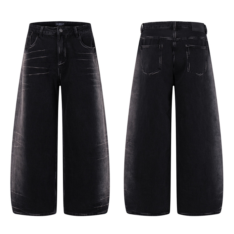 Vintage Washed Lightning Pattern Straight Leg Jeans Men High Quality Gradient Trendy Brand Wide Leg Pants