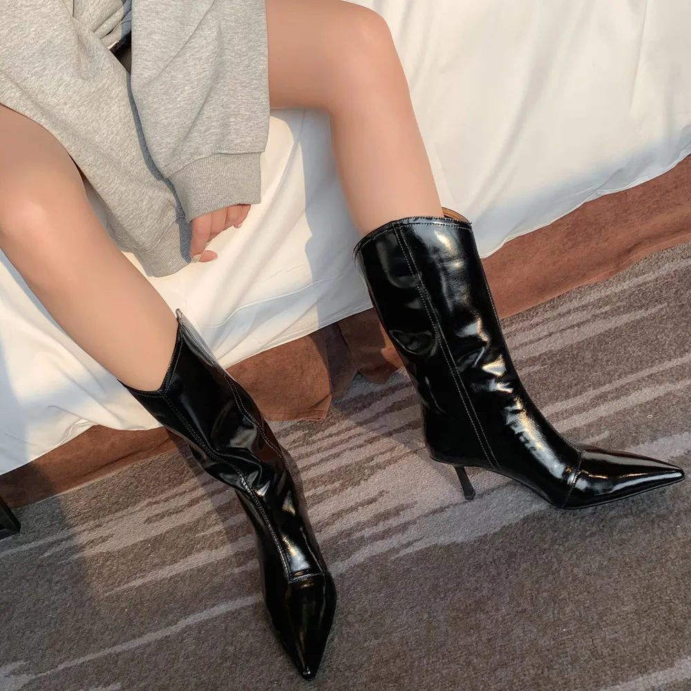 Fashion Western Women Mid-Calf Boots Pointed Toe Thin High Heels Office Lady Shoes Woman Genuine Leather Autumn Winter