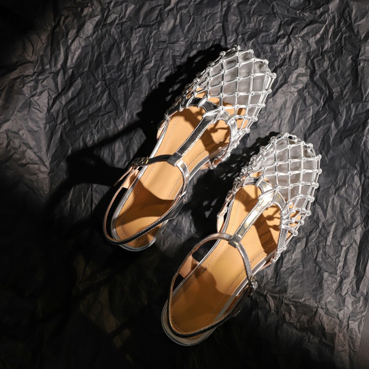 Cowhide foreskin hollowed out T-shaped strap flat sandals Mary Jane shoes