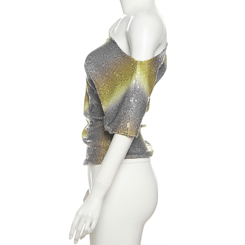 Women's solid color slim fit street diagonal collar short sleeved backless top for women