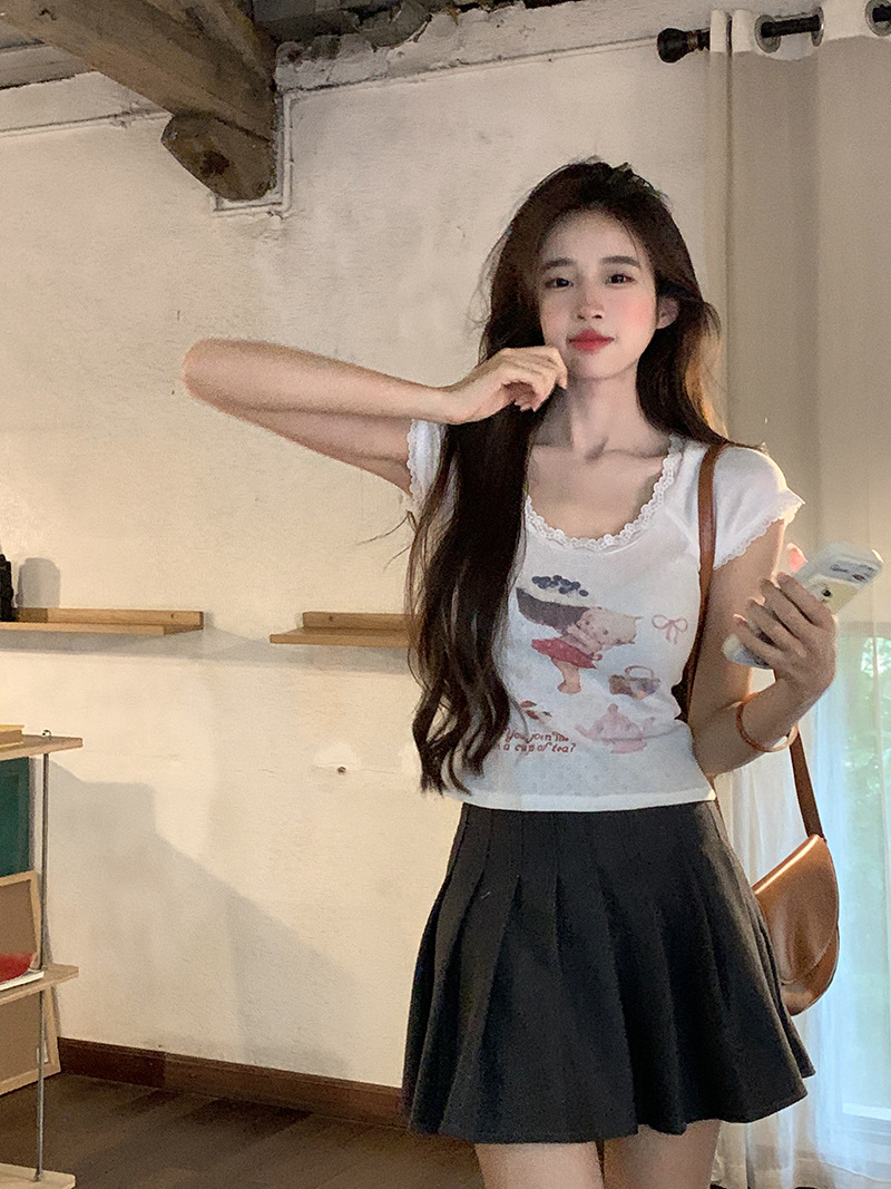 Lace lace slim fit short sleeved T-shirt