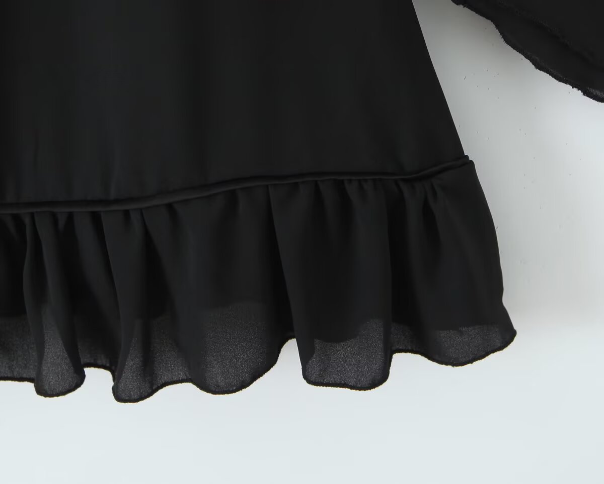 Square collar long sleeved backless black fungus trimmed short dress for women