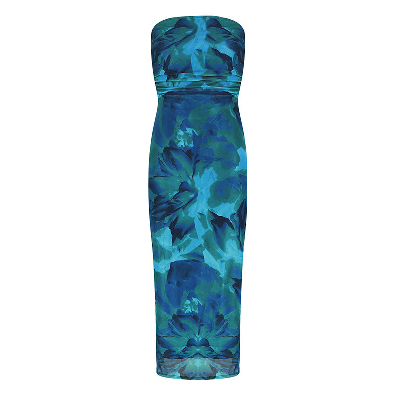 Polyester Asymmetric Neck Patterned Vent Dress