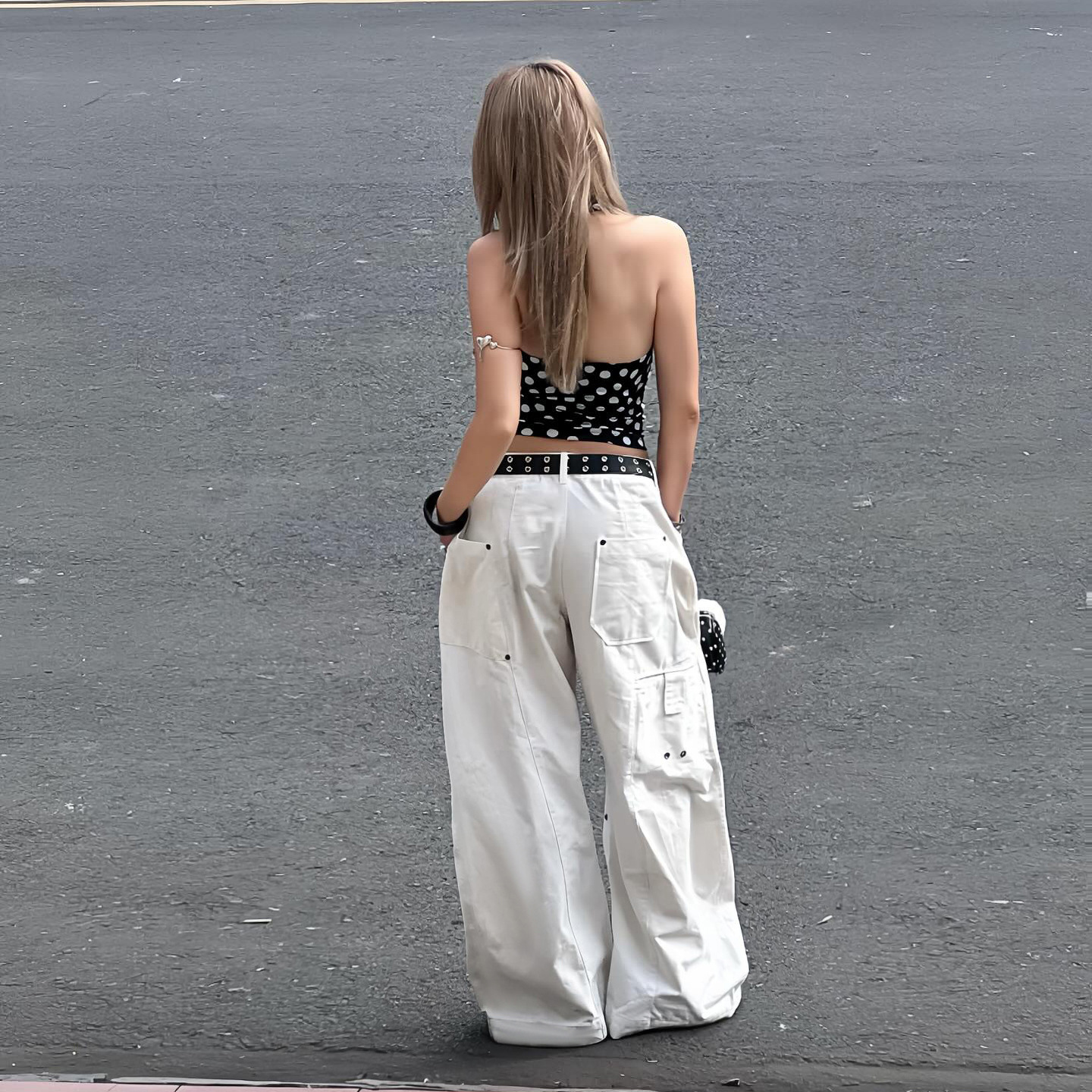 Unique Spicy Girl Women's Wide Leg Jeans with Rivet Decoration, Irregular Design, Loose Fit Casual Long Pants for Women