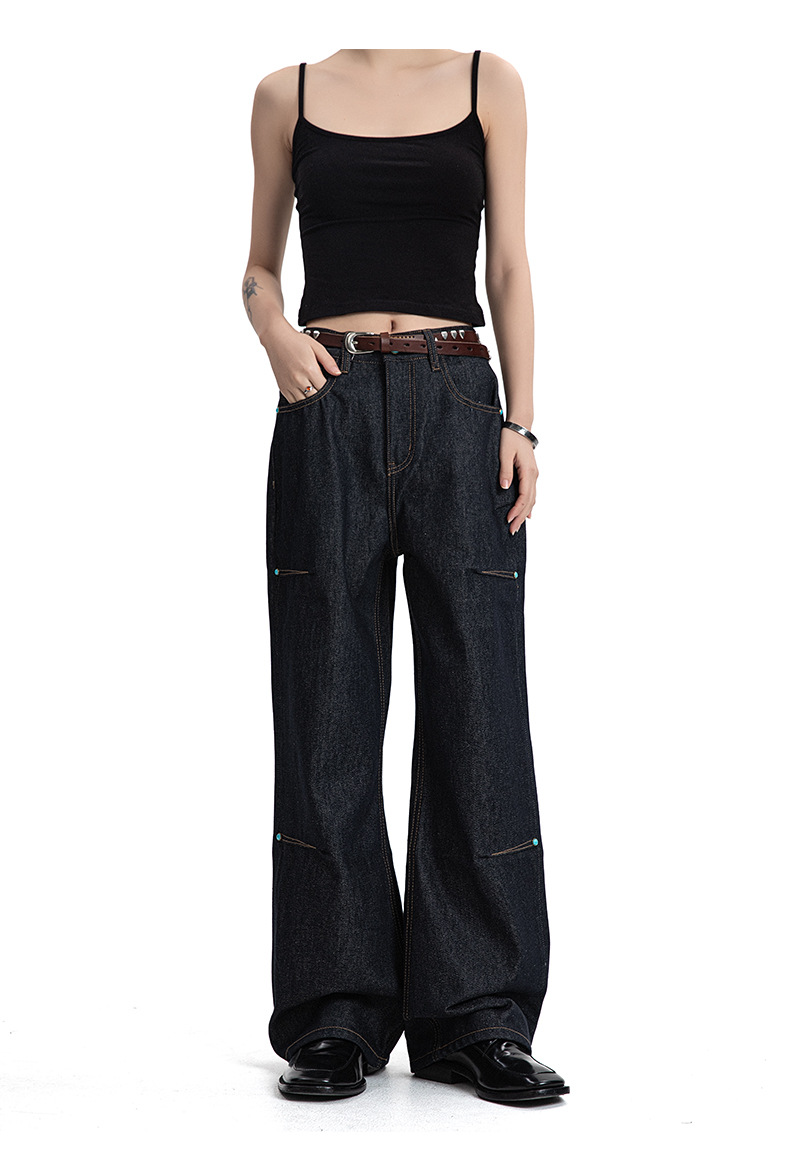 Denim Pants Deep Blue Straight Flared Wide Leg A-Line Trousers
