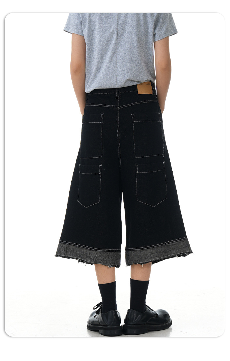 Black Loose Fit Three-Dimensional Button Frayed Hem Tassel Trendy Casual Shorts