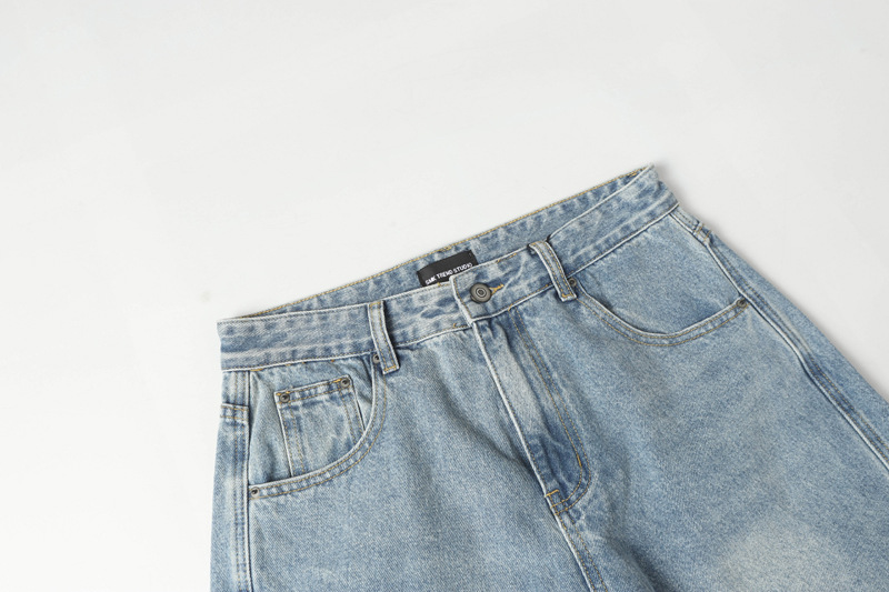 Street Casual Versatile Retro Pleated Washed Distressed Oversized Denim Pants Clean Fit Unisex Wide Leg Tapered Jeans