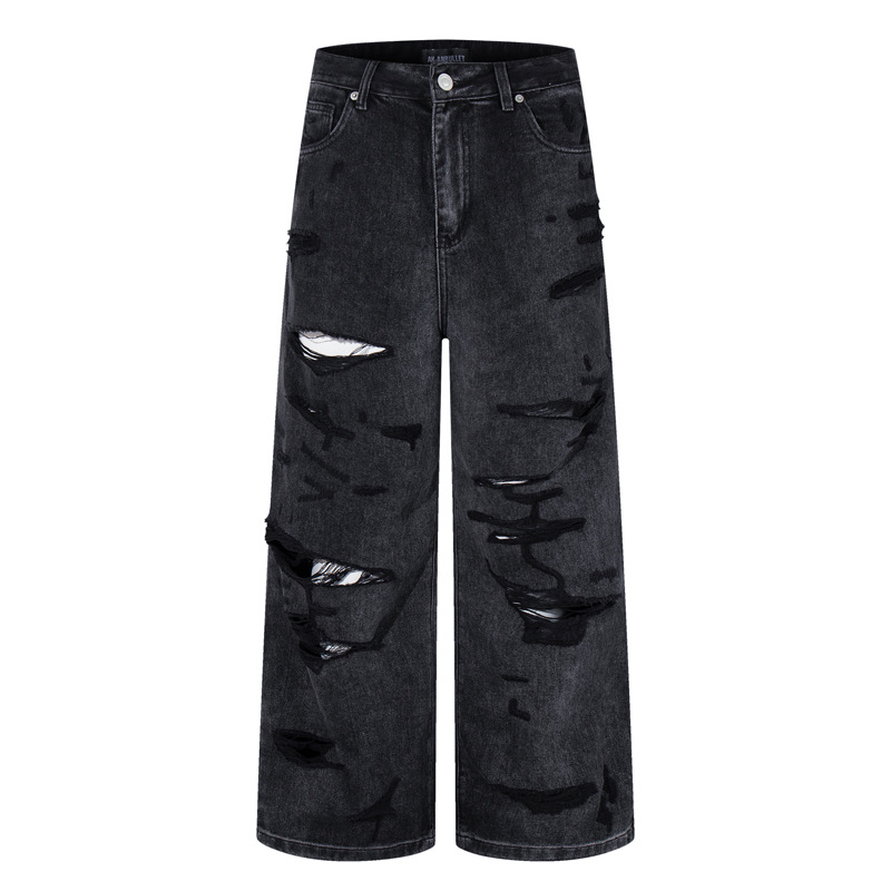 Denim Pants Loose Wide Leg Men High Street Post-Apocalyptic Style Ripped Design Plus Size Trendy Brand Original Dark Hip Hop Straight Leg Pants