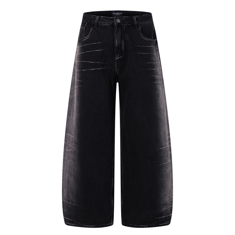 Vintage Washed Lightning Pattern Straight Leg Jeans Men High Quality Gradient Trendy Brand Wide Leg Pants