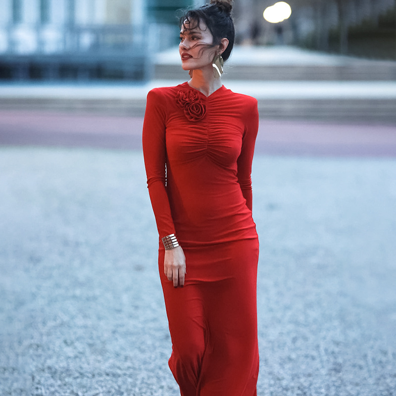 V-Neck Knitted Raised Floral Open Back Slit Dress