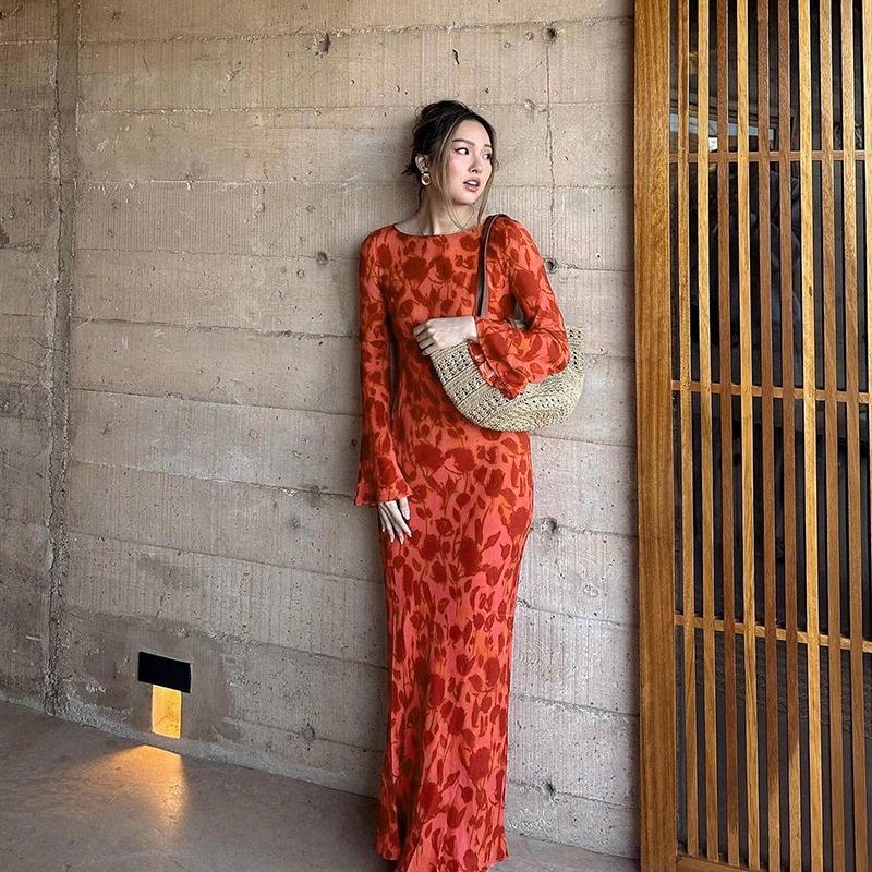 Maxi Skirt Full Sleeves Patterned Crew Collar Fitted
