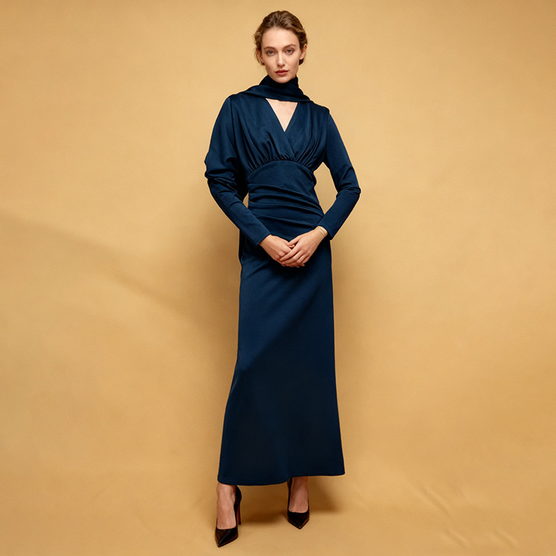 Tailored Polyester Maxi Dress with Ruched Bodice