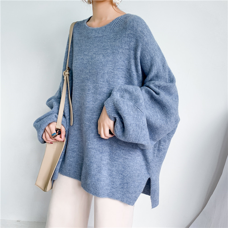 Navy Oversized Crew Collar Balloon Cuff Knit Jumper