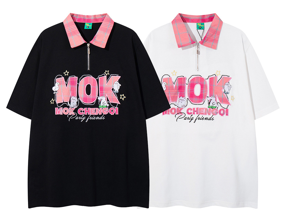Classic Cotton Letter Lapel Zip Oversized T Shirt
