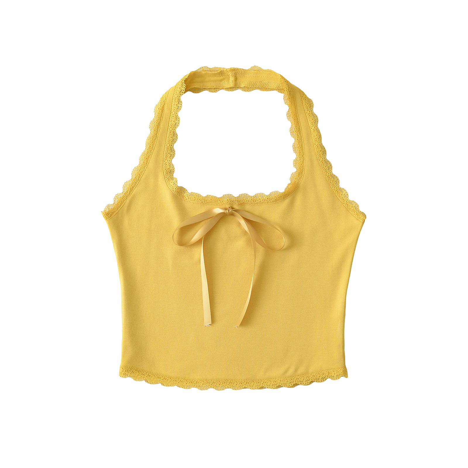 Slim Fit U-Neck Solid Color Front Bow Halter Crop Top
