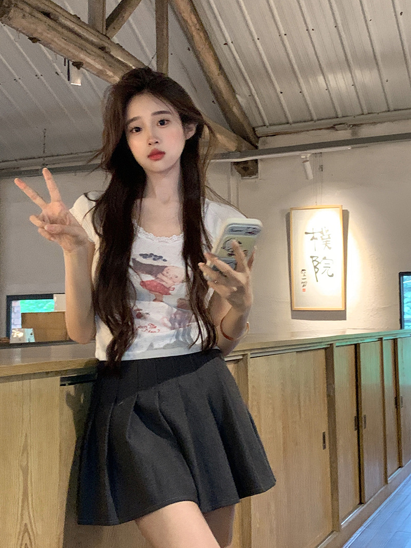Lace lace slim fit short sleeved T-shirt