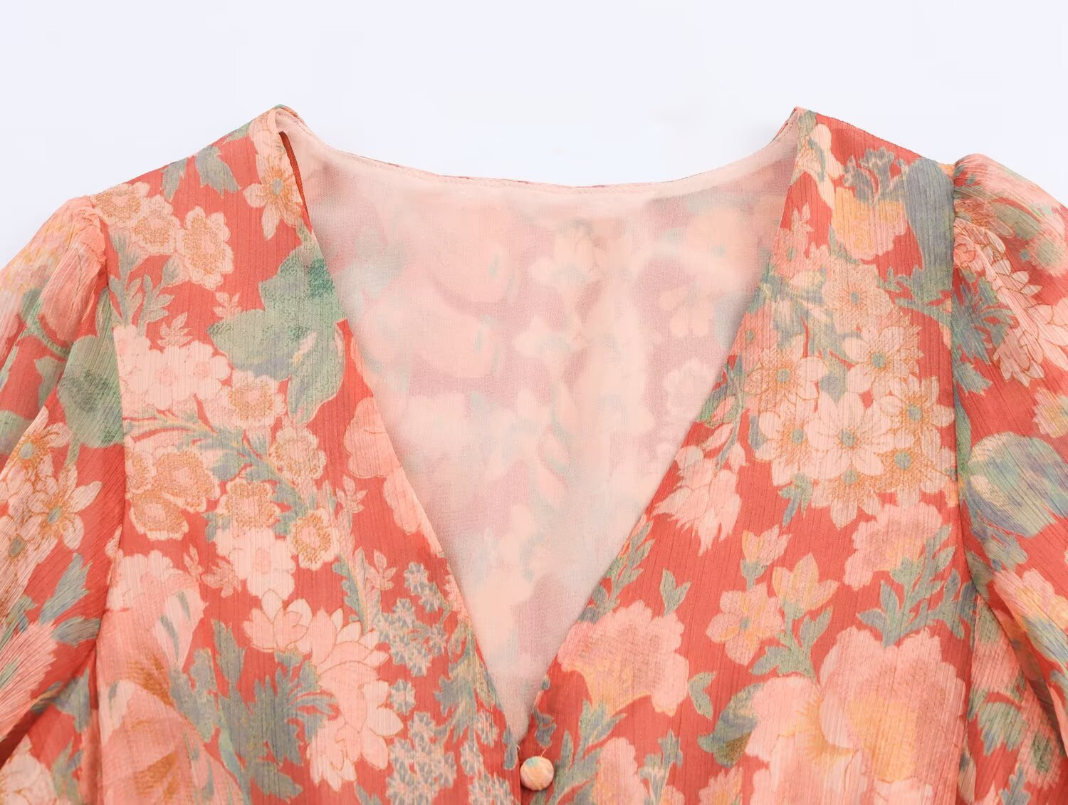 Women's Clothing Flower Print Button V-neck Lantern Sleeve Short Dress