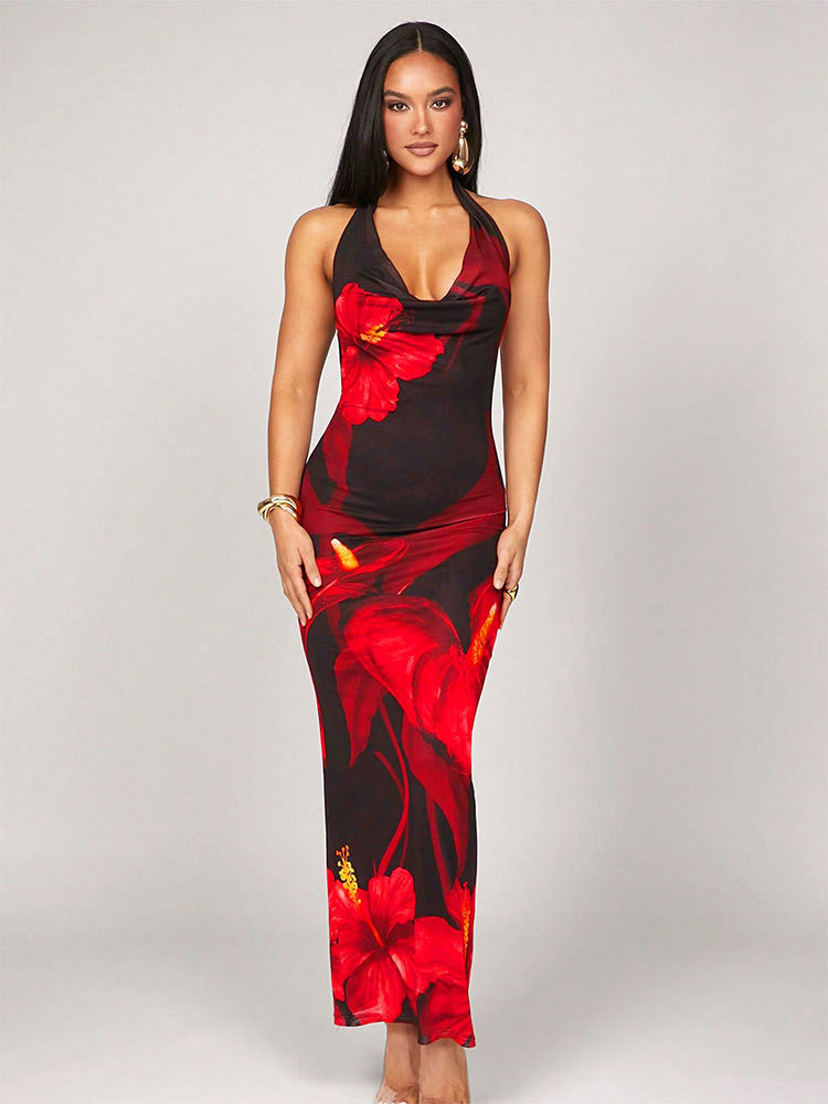 Polyester Round Collar Patterned Dress