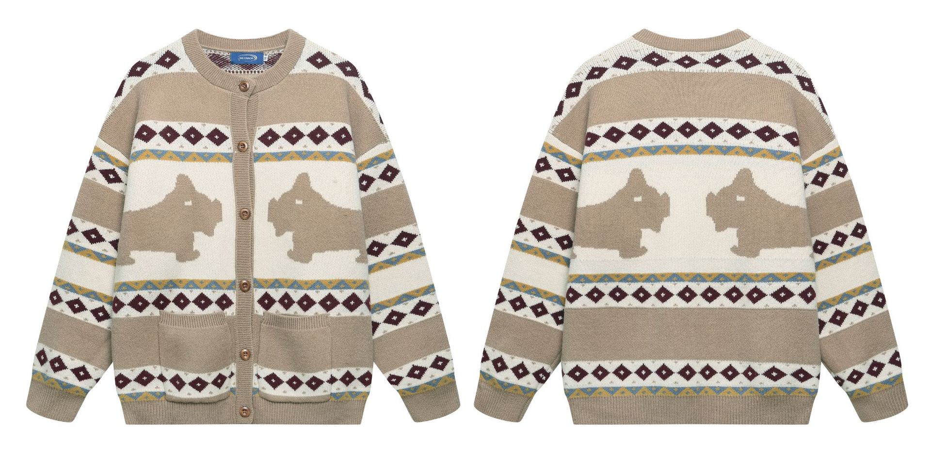 Genderless Oversized Japanese Retro Jacquard Open Front Sweater