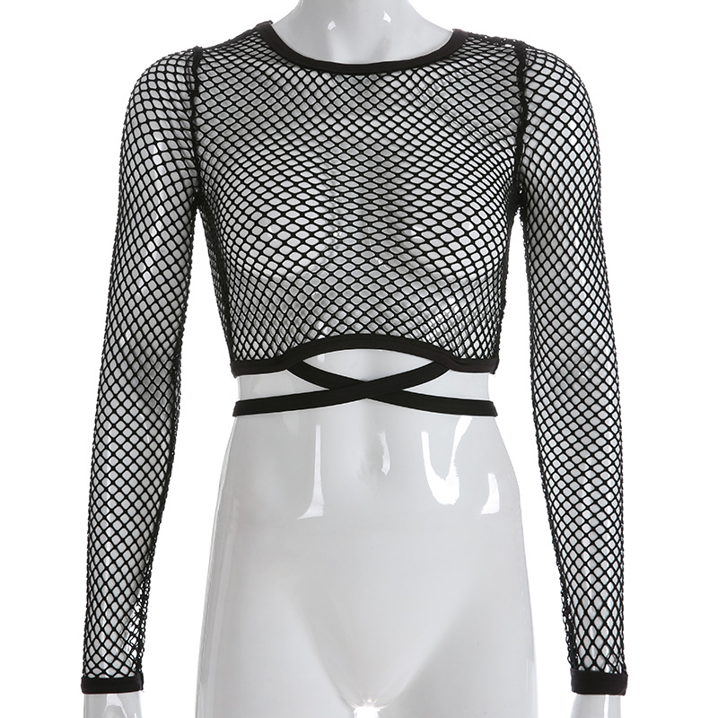 Vacation Style Grid Splicing Cross-Tie Hollow Sunscreen Top Sexy Transparent Short Pants Navel-Exposed T-Shirt Top