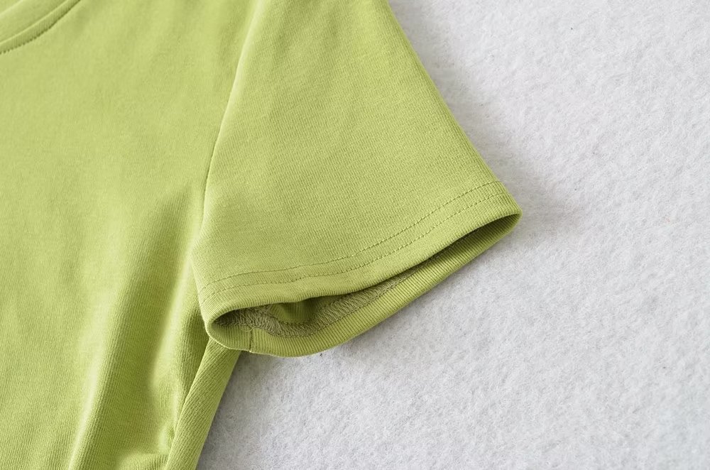 Slim Crew Half Sleeve Gathered Cropped Scalloped T-shirt