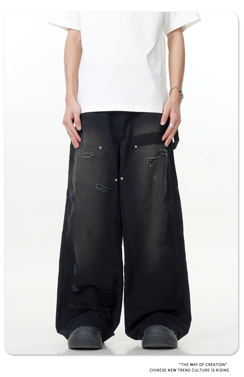 Ripped Slim Fit Loose Wide-Leg Straight Casual Denim Trousers