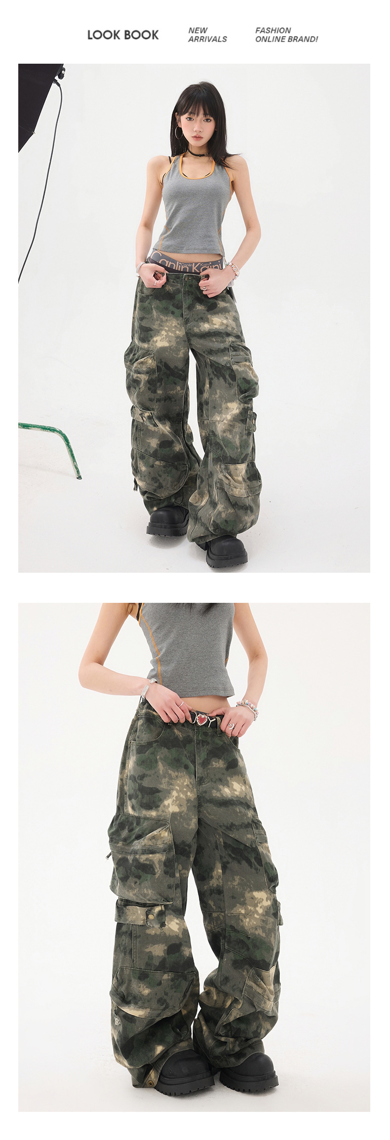 Women's Work Pants Camouflage Multi-Pocket Loose Wide-Leg Denim Trousers