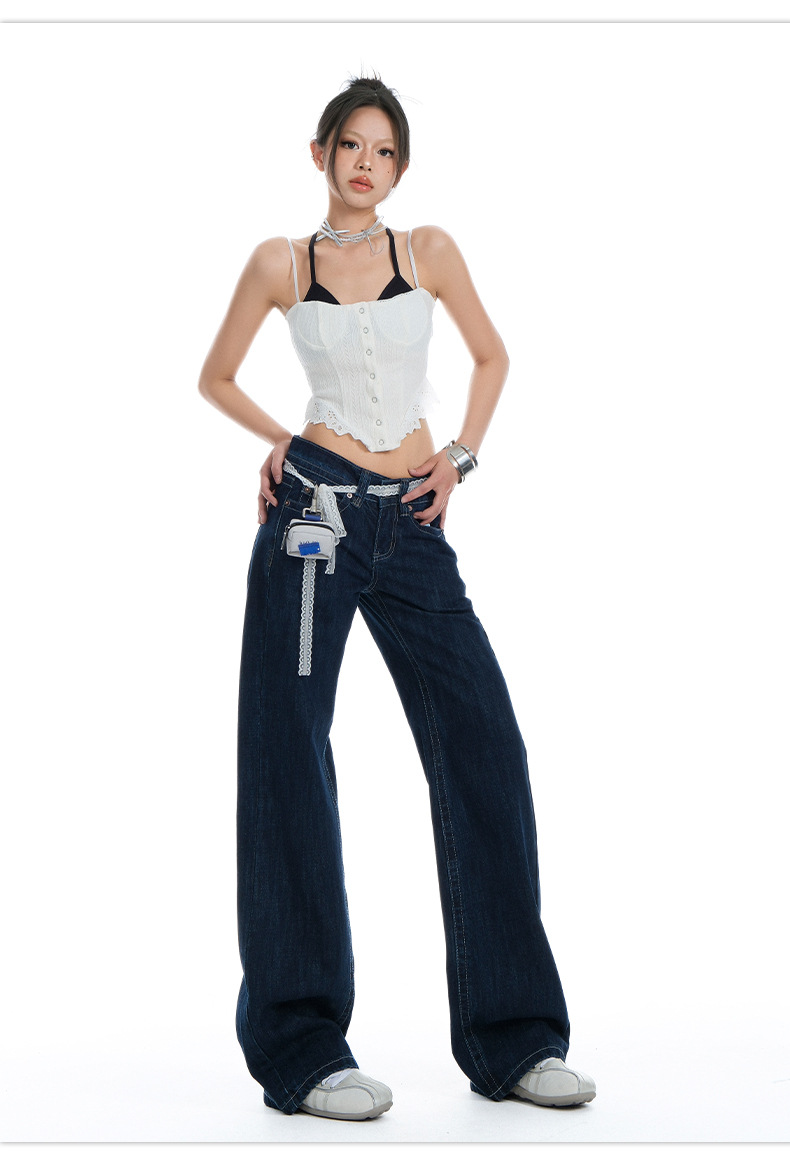 Women's Original Color Straight Leg Jeans Low Waist Slim Wide Leg Long Pants