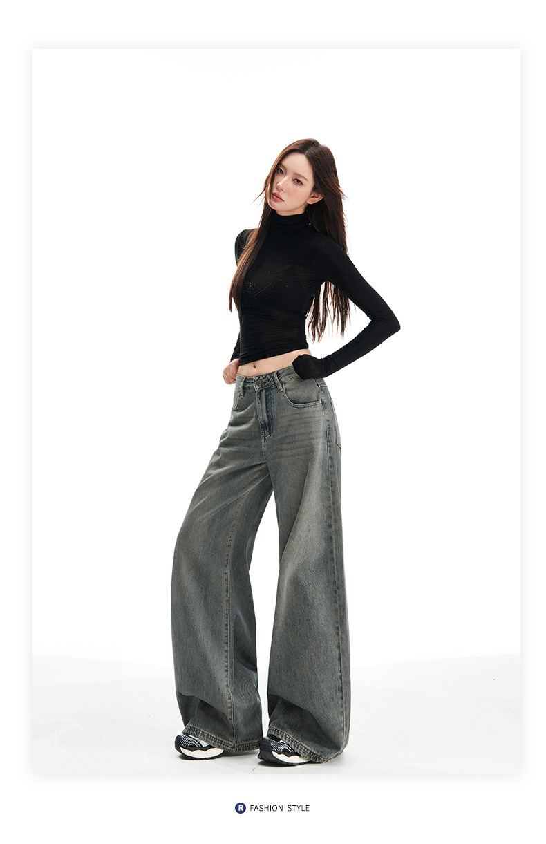 Women's Wide-Leg Pants Loose Fit High-Waist Trousers Slimming Multi-Purpose Denim Pants with Vintage Color Washed Effect