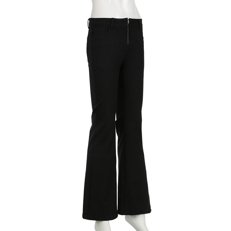 Retro trendy solid color horn low waist zipper denim pants