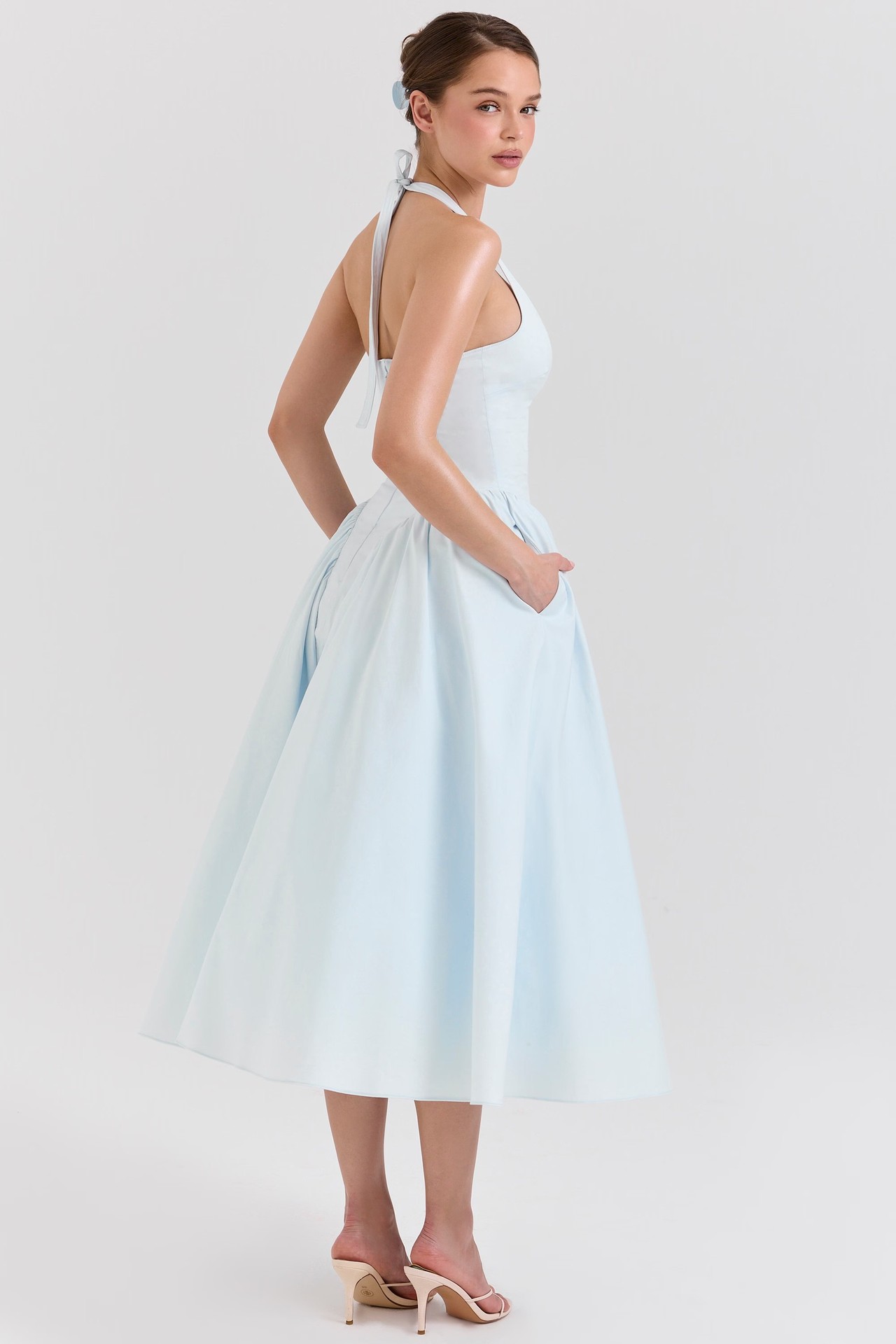Blue neck tie long dress for women